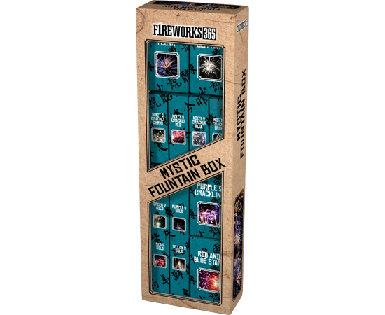 Feuerwerkssortiment Fireworks 365 Mystic Fountain Box, hohe Kartonverpackung mit türkisfarbenen Fontänen-Panels