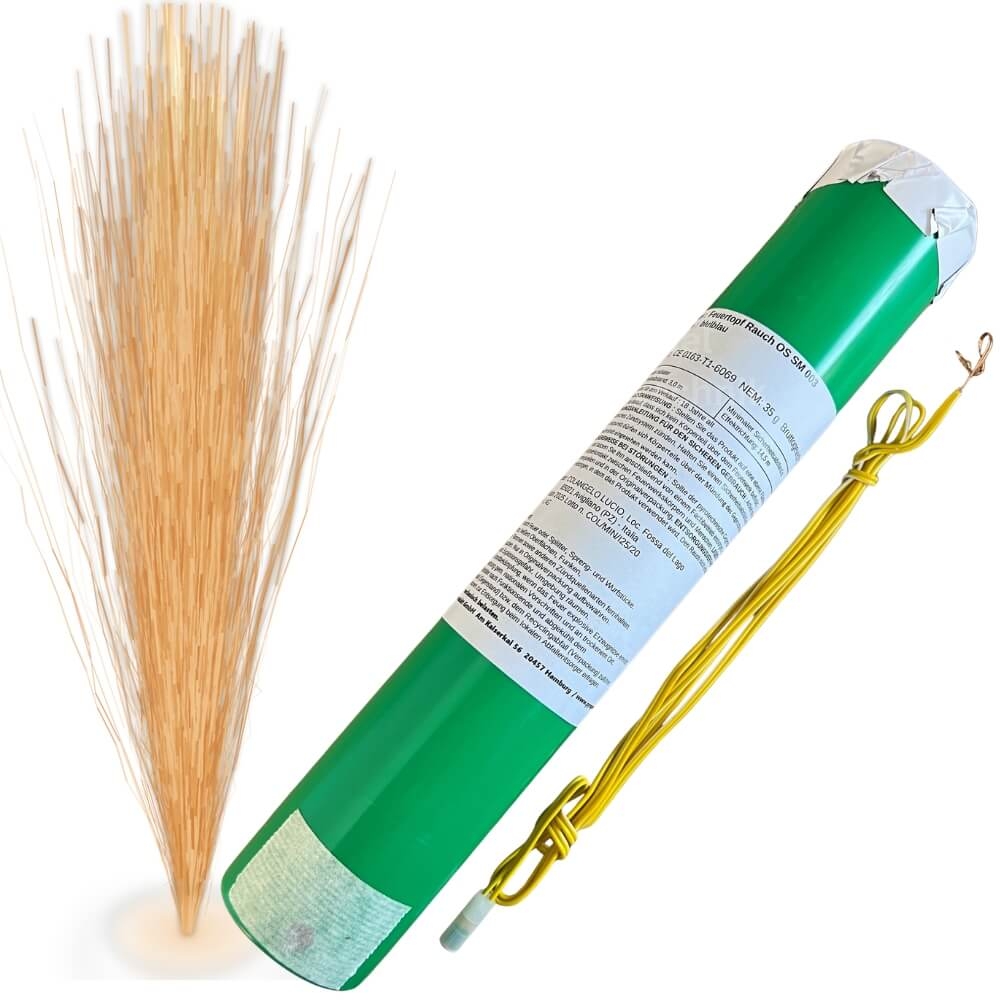 Grüner Feuertopf-Zylinder Pyroprodukt auf weißem Hintergrund, daneben goldener Titansilber-Fontäneneffekt
