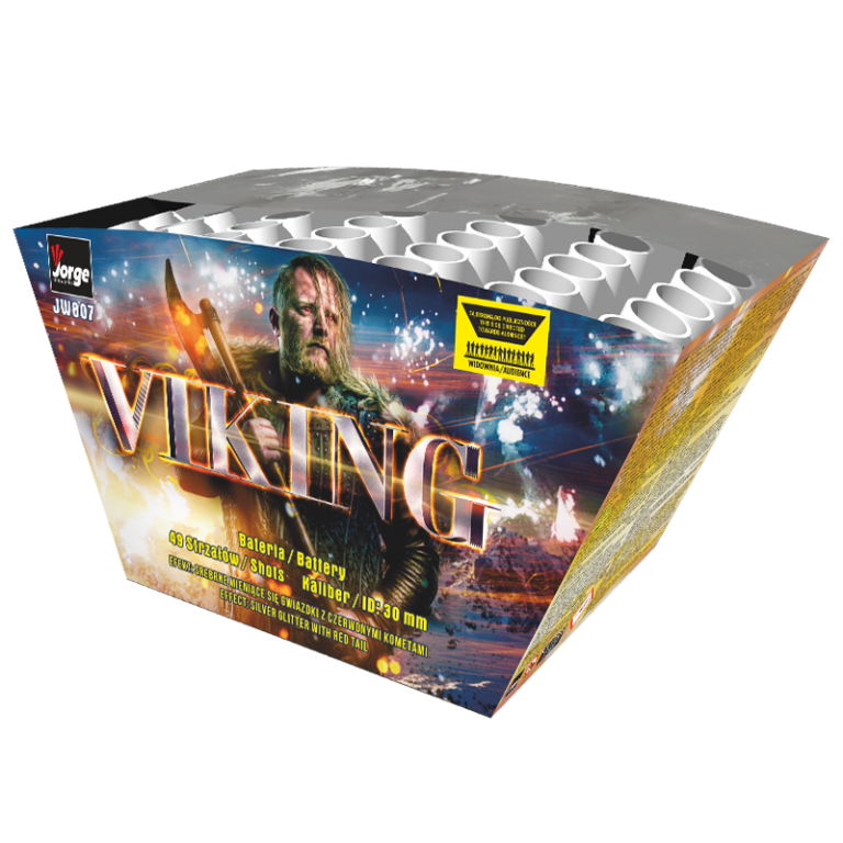 Feuerwerksbatterie in blau-goldener Verpackung mit Wikinger-Fotografie, Aufschrift VIKING, 49 Schuss