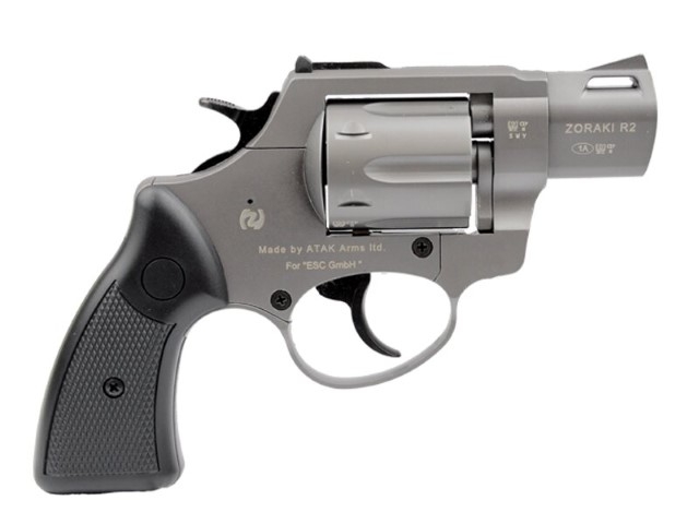 Schreckschusspistole Zoraki R2 in Titan-Grau, Revolver-Design mit kurzem Lauf und schwarzem Kunststoffgriff, seitliche Ansicht