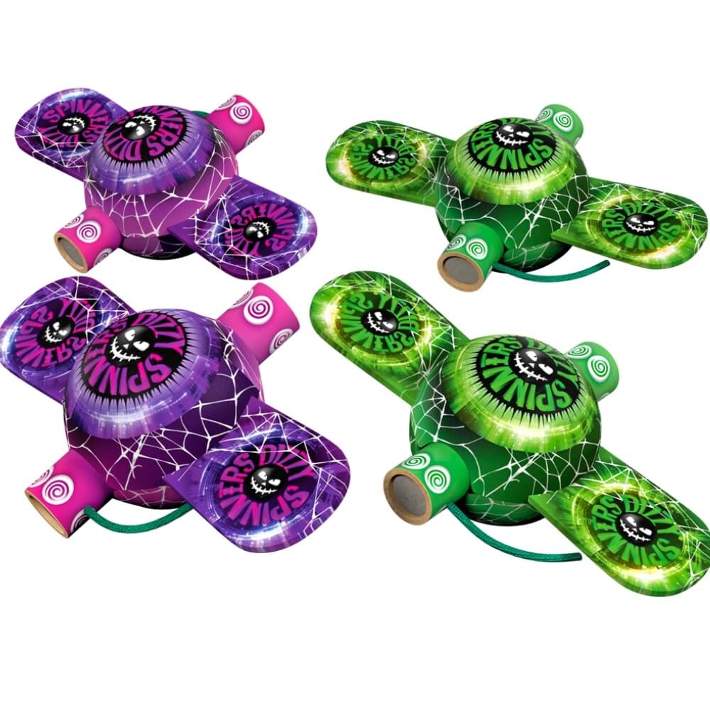 Dizzy Spinners, 4 Bodendreher, 2x lila-pink und 2x grün, Spinnerform mit Zündschnur