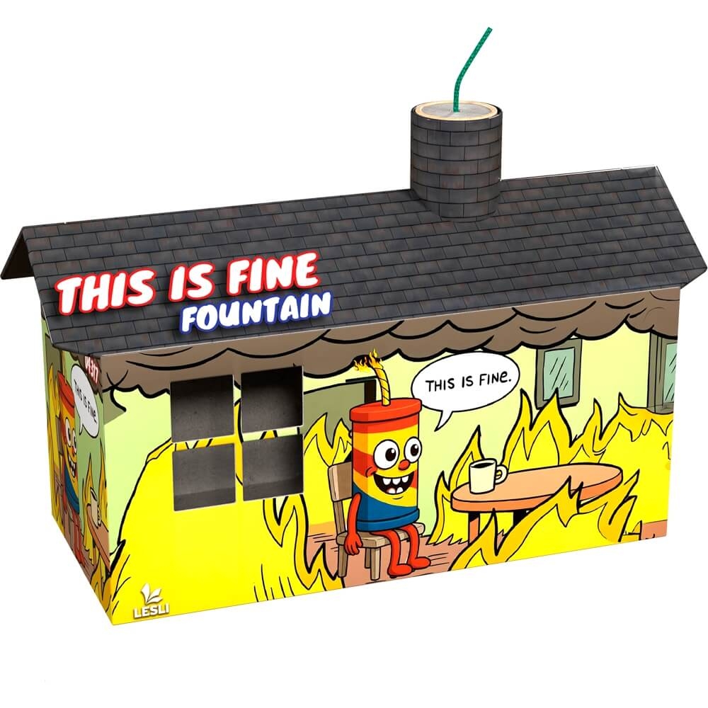 Lesli This Is Fine Fountain, Hausform-Verpackung mit Meme-Motiv in Gelb