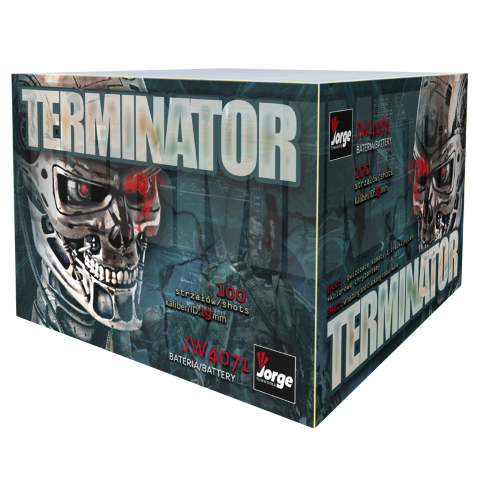 Feuerwerksbatterie in grau-blauer Verpackung mit Roboterschädel-Illustration, Aufschrift TERMINATOR