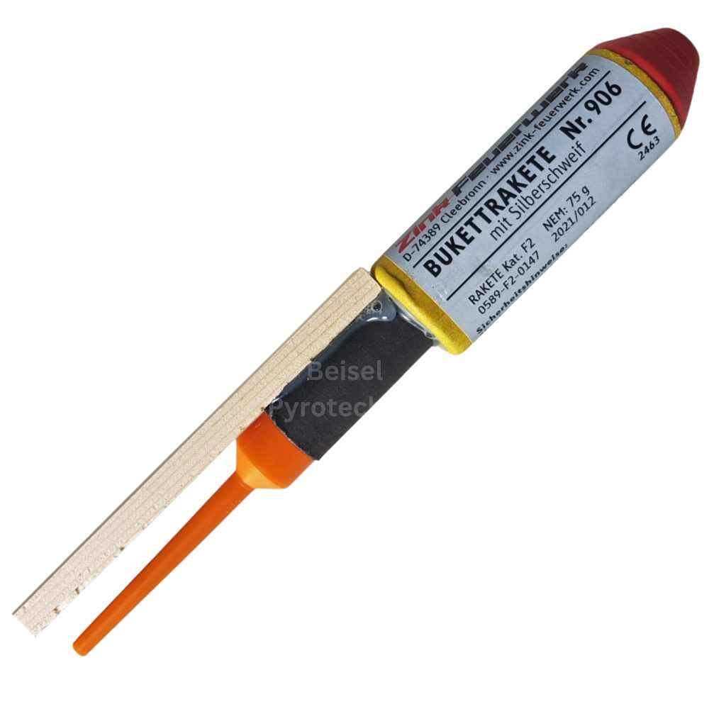 Zink Bukettrakete Nr. 906 mit Silberschweif Kat. F2, Holzstock mit orangenem Stabilisator, 75g NEM