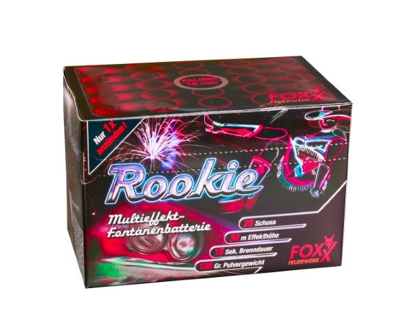 Fox Rookie Multieffekt-Fontänenbatterie, schwarze Box mit rosa-blauem Design