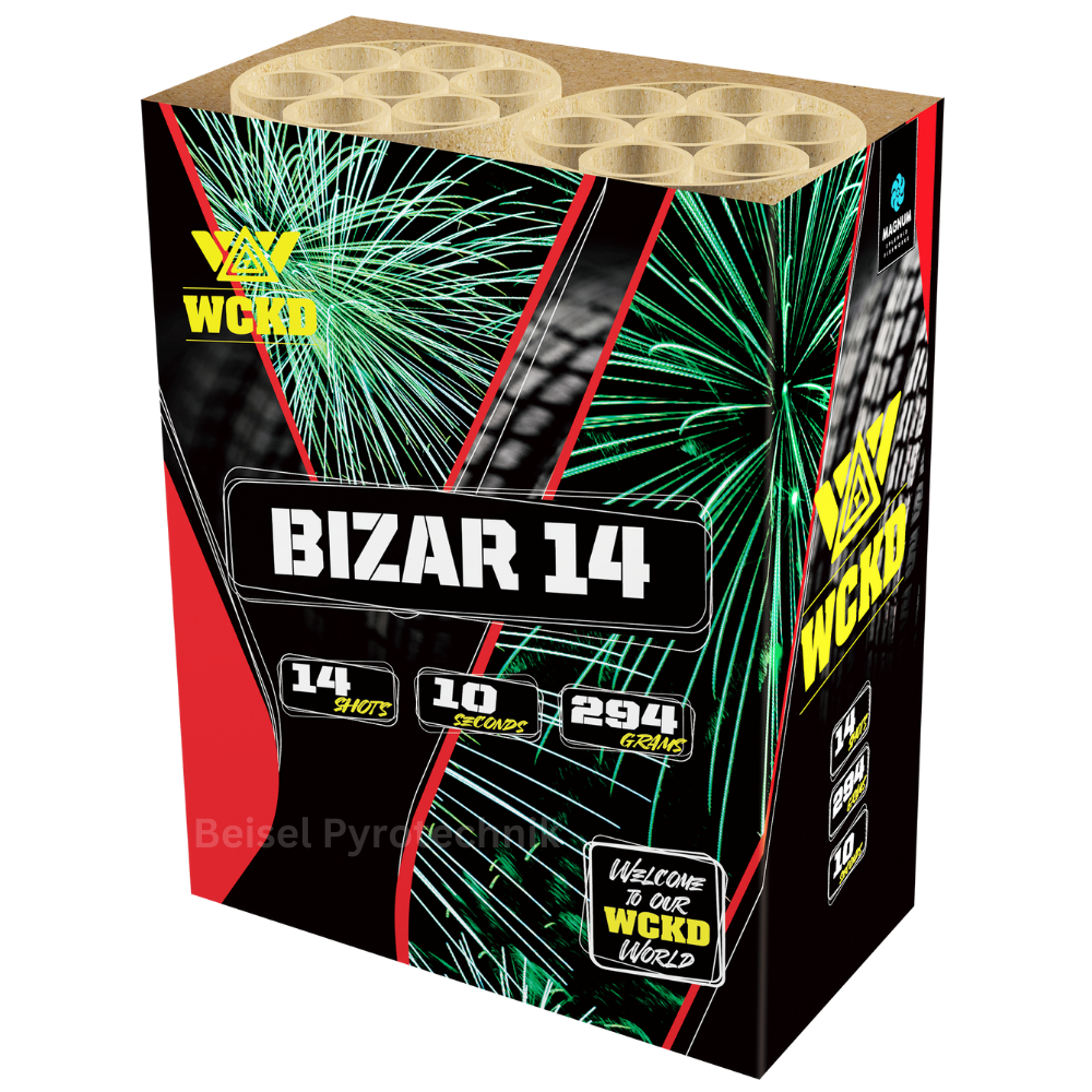 Schwarz-rote Verpackung der Magnum Bizar 14 Feuerwerksbatterie WCKD World 14 Schuss
