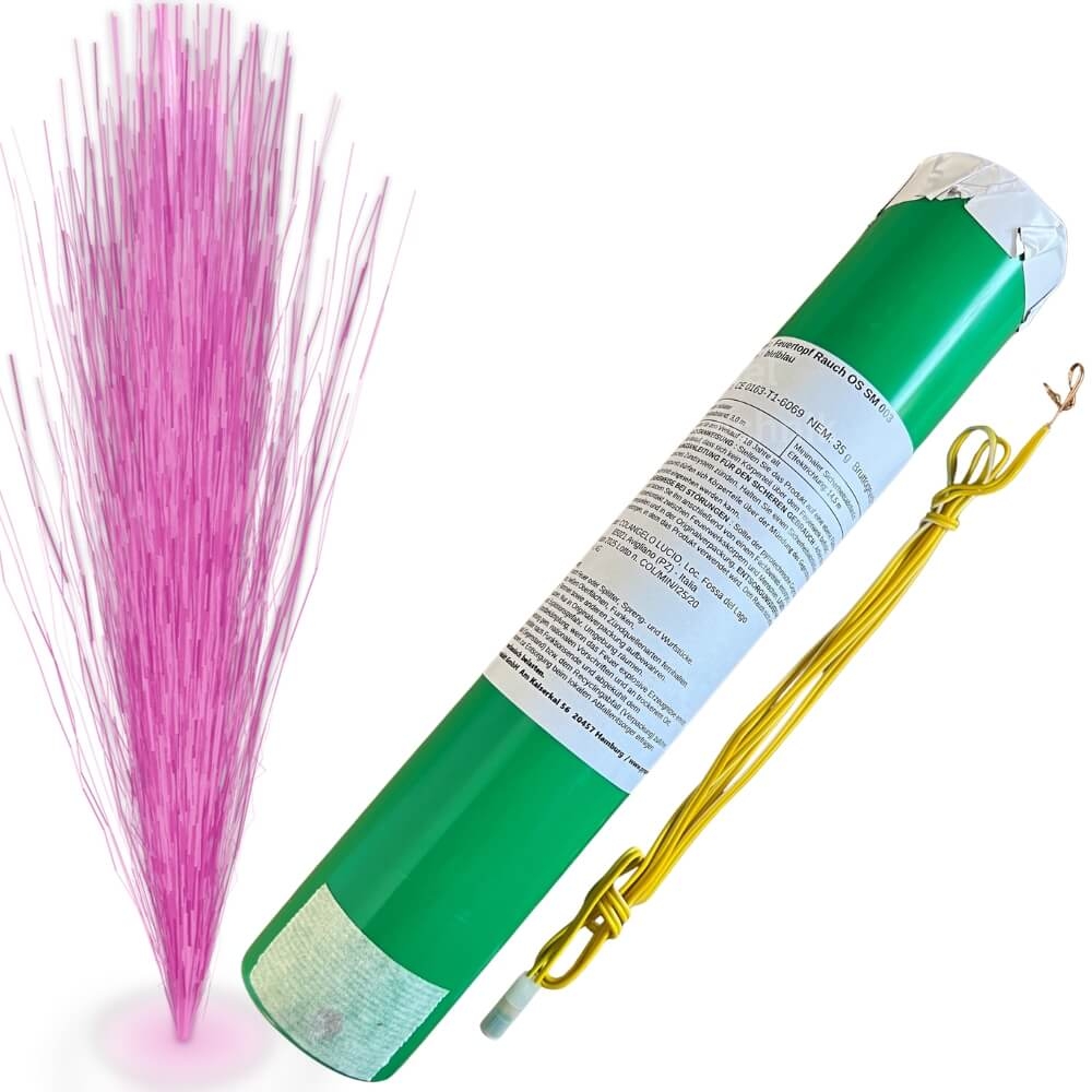 Feuertopf Rauch OS SM fuchsia, grüner Zylinder, gelber elektrischer Anzünder separat, fuchsiafarbene Rauchfontäne