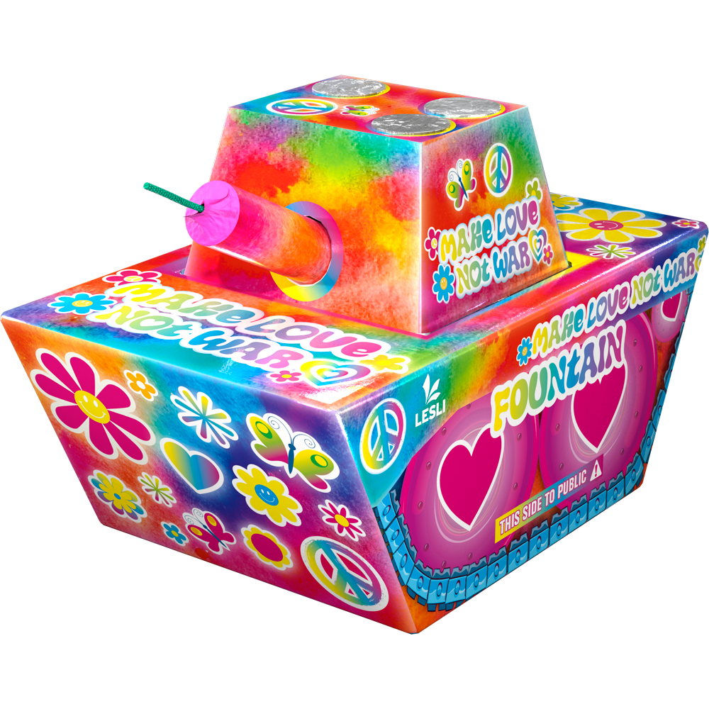 Lesli Make Love Not War Fountain in Panzer-Form mit buntem Hippie-Design in Regenbogenfarben