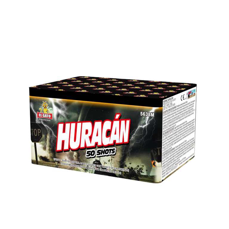 El Gato Pirotecnia Huracan 50 Shots Feuerwerksbatterie schwarze Verpackung mit Sturm- und Blitz-Artwork