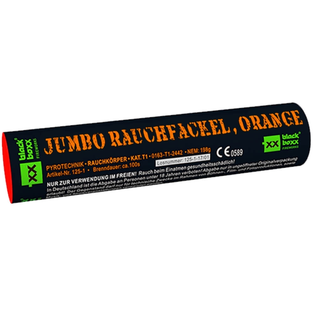 Jumbo Rauchfackel Orange Black Boxx, KAT.T1, 198g, 100s Brenndauer, schwarzer Zylinder