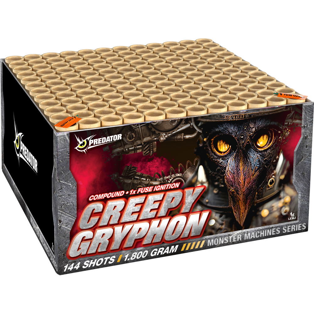 Lesli Predator Creepy Gryphon Verbundfeuerwerk in dunkler Verpackung mit Greifen-Motiv, 144 Schuss, 1.800 g
