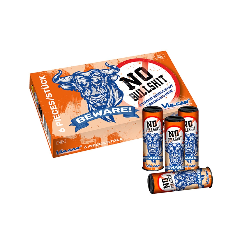 Vulcan No Bullsh!t Crackling Mine 6er Pack orange Verpackung mit blauem Stier-Artwork, einzelne Minen-Zylinder daneben