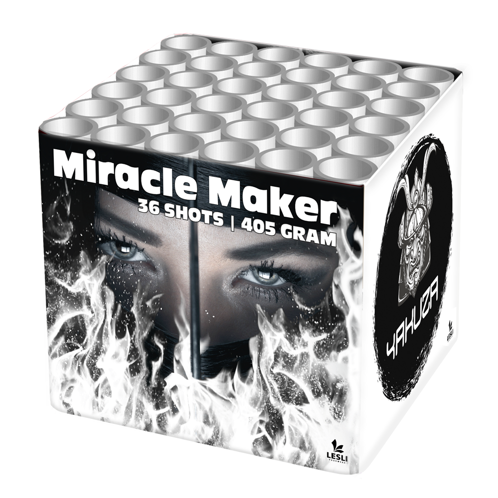 Weiß-schwarze Lesli Yahuza-Batterie Miracle Maker, 36 Schuss, 405g, mit Augen-Flammen-Design auf der Vorderseite und Yahuza-Samurai-Logo auf der Seite