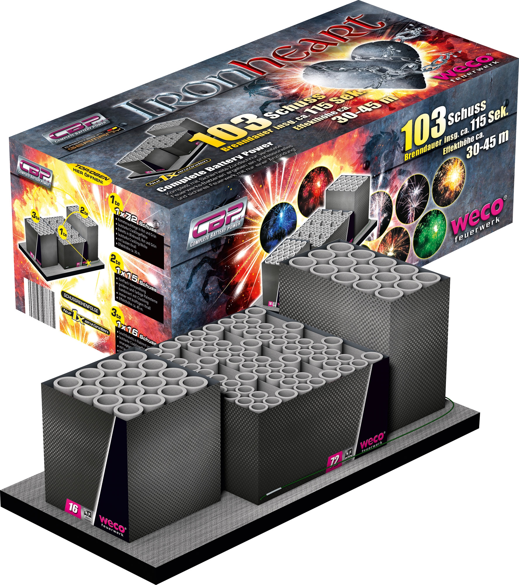 Weco Iron Heart Compound 103 Schuss 30-45m, graue Mehrteil-Batterie mit Box