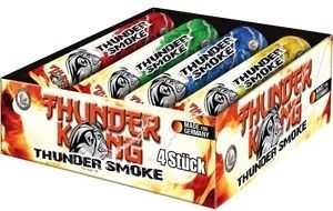 Displaybox mit vier farbigen Rauchfackeln in rot, blau, grün und gelb, Aufschrift THUNDER KING THUNDER SMOKE