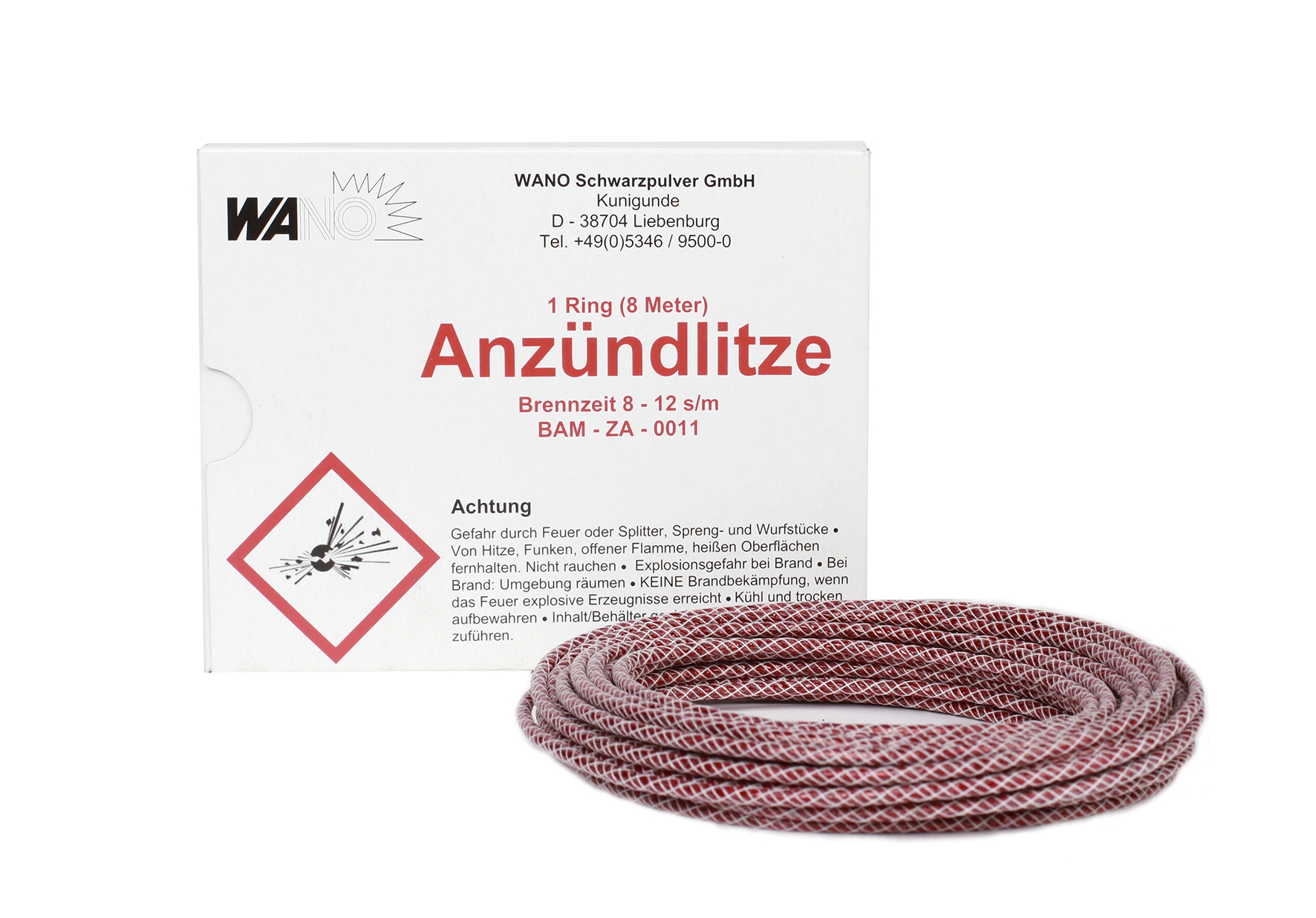 Wano Anzündlitze 1 Ring 8 Meter, weiße Verpackung mit rotem Gefahrensymbol, daneben aufgerollte rot-weiß geflochtene Zündschnur, Brennzeit 8–12 s/m
