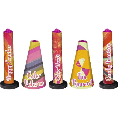 Fünf verschiedene Jugendfeuerwerk-Artikel: Happy Cracker, Color Vulcano, Color Burst, Fun Pyramid und Candy Fountain in pink-gelb-orangefarbenem Design