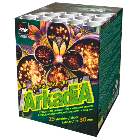 Jorge ArkadiA Batterie 25 Schuss, 30mm Kaliber, in grüner Verpackung mit buntem Feuerwerk-Motiv