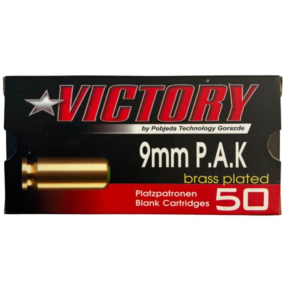 Victory 9mm P.A.K Platzpatronen brass plated 50 Stück, schwarze Verpackung mit rotem Schriftzug und goldener Patronen-Abbildung