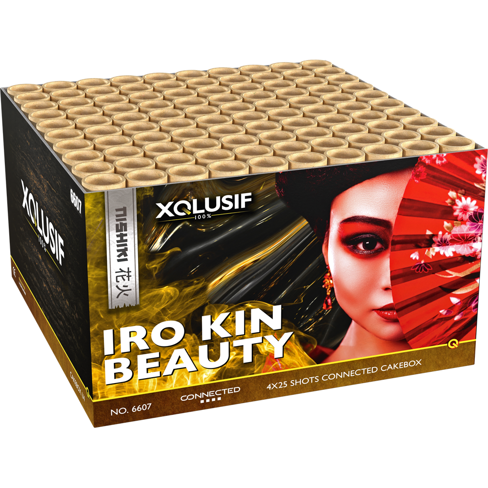 Xqlusif Iro Kin Beauty Verbundfeuerwerk 4x25 Shots in schwarzer und goldener Verpackung mit japanischem Frauenmotiv