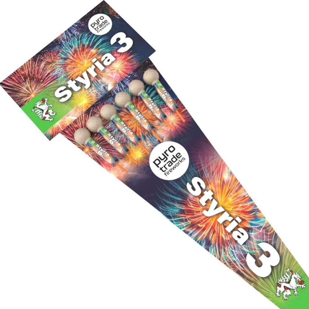 Styria 3 Pyrotrade Fireworks Raketensortiment, bunte Verpackung mit Raketen