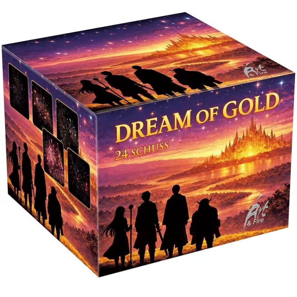 Art & Fire Dream of Gold, 24 Schuss, Verpackung mit leuchtendem Fantasy-Schloss und Figurensilhouetten