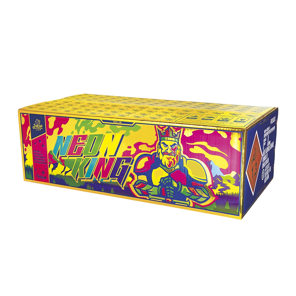 NEON KING Feuerwerksbatterie in bunter gelb-lila Verpackung mit Cartoon-König-Motiv