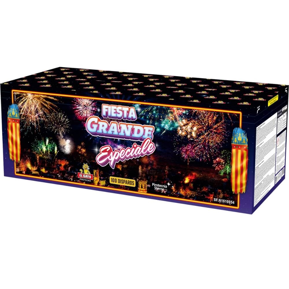 Fiesta Grande Especiale 100 Schuss Feuerwerk von El Gato, große dunkelblaue Querformat-Box