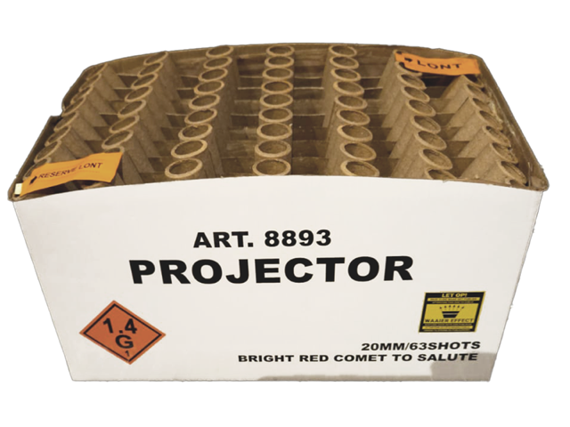Weiße Kartonbox Wolff Feuerwerk Projector Art. 8893, 63 Schuss, 20mm, BRIGHT RED COMET TO SALUTE, 1.4G, offene Rohransicht oben