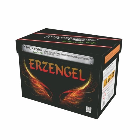 Erzengel Blackboxx Feuerwerksbatterie, schwarze Verpackung mit Feuermotiv