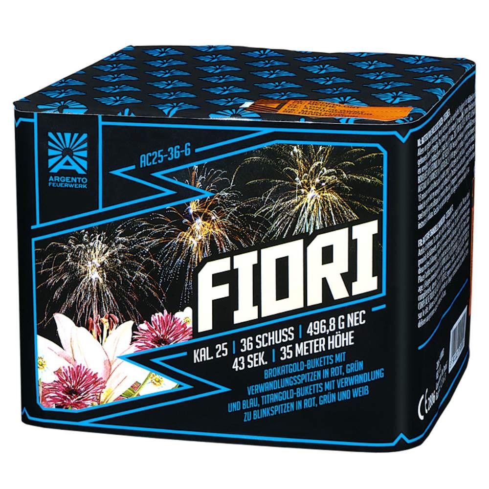 Argento Fiori Feuerwerksbatterie blau-schwarze Verpackung mit Blumen- und Feuerwerksfotos, 36 Schuss Kal. 25 35m Höhe