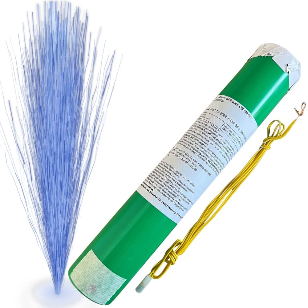 Feuertopf Rauch OS SM blau, grüner Zylinder, gelber elektrischer Anzünder separat, blaue Rauchfontäne