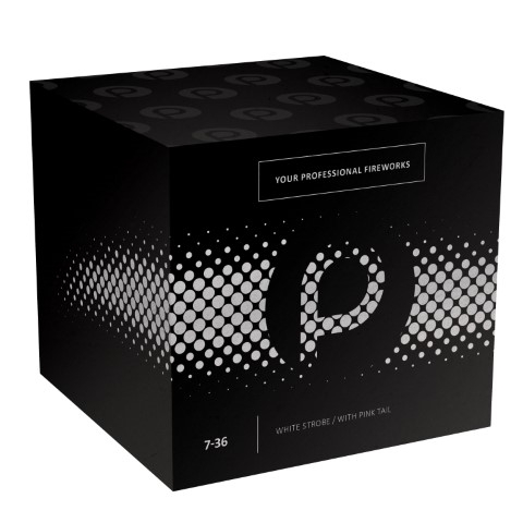 Schwarze würfelförmige Feuerwerksverpackung mit großem stilisierten "P"-Logo und Aufschrift "YOUR PROFESSIONAL FIREWORKS", Produktcode 7-36 auf der Vorderseite