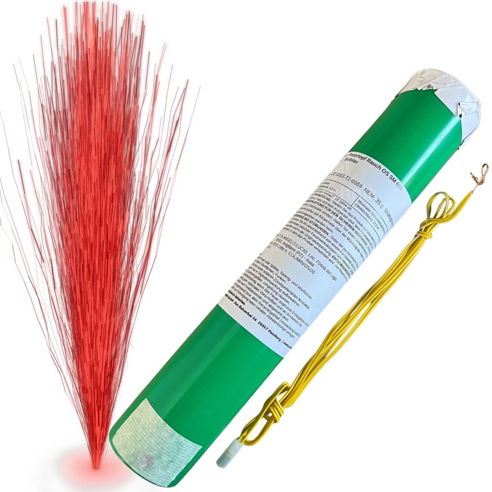 Feuertopf Rauch OS SM rot, grüner Zylinder, gelber elektrischer Anzünder separat, rote Rauchfontäne