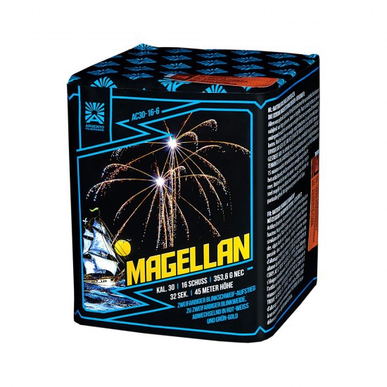 Argento Magellan Feuerwerksbatterie, blaue Verpackung mit Segelschiff-Motiv, 16 Schuss Kal. 30, 45 Meter Höhe